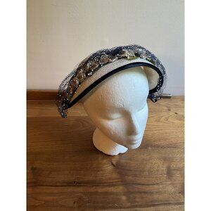 Vintage 1930s Cream & Dark Blue Floral Netting Hat